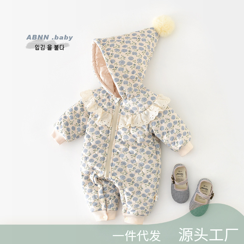 Newborn Baby Girl Romper Floral - Winter Babys Girls Padded Rompers Floral
